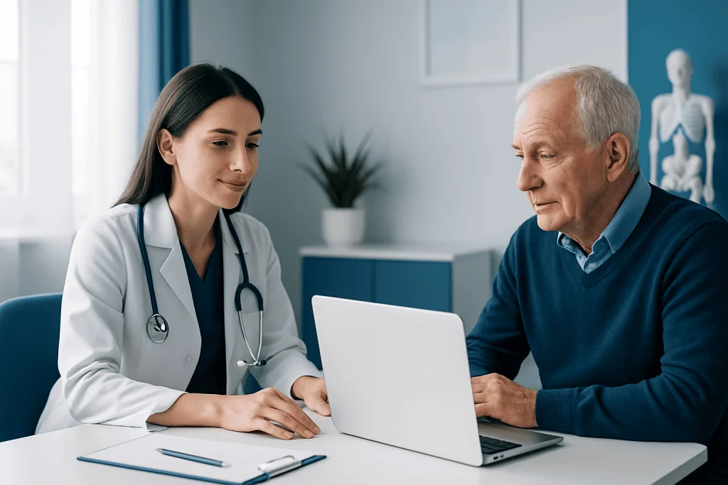 Doctor consulting with senior male patient in a modern clinic setting.