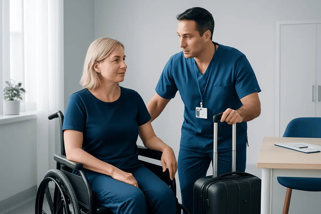 Requesting wheelchair, porter and priority support — airport assistance after surgery