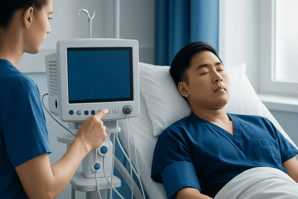 Patient undergoing heart monitoring in a hospital setting.