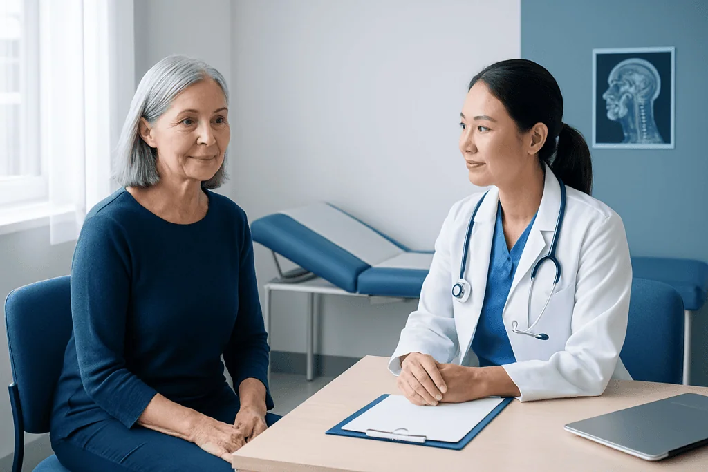 Senior woman consulting with a doctor in a hospital room.