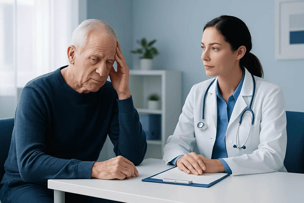 Older man consulting with a doctor about memory issues in a clinical setting.