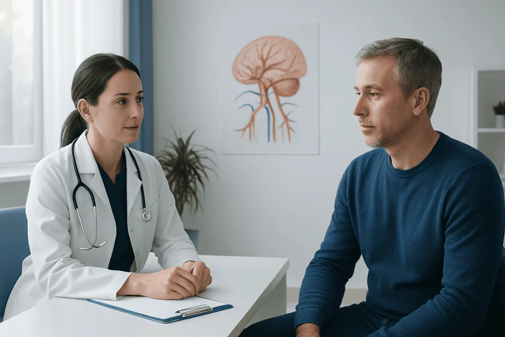 Doctor consulting with patient about brain health and aneurysm risks.