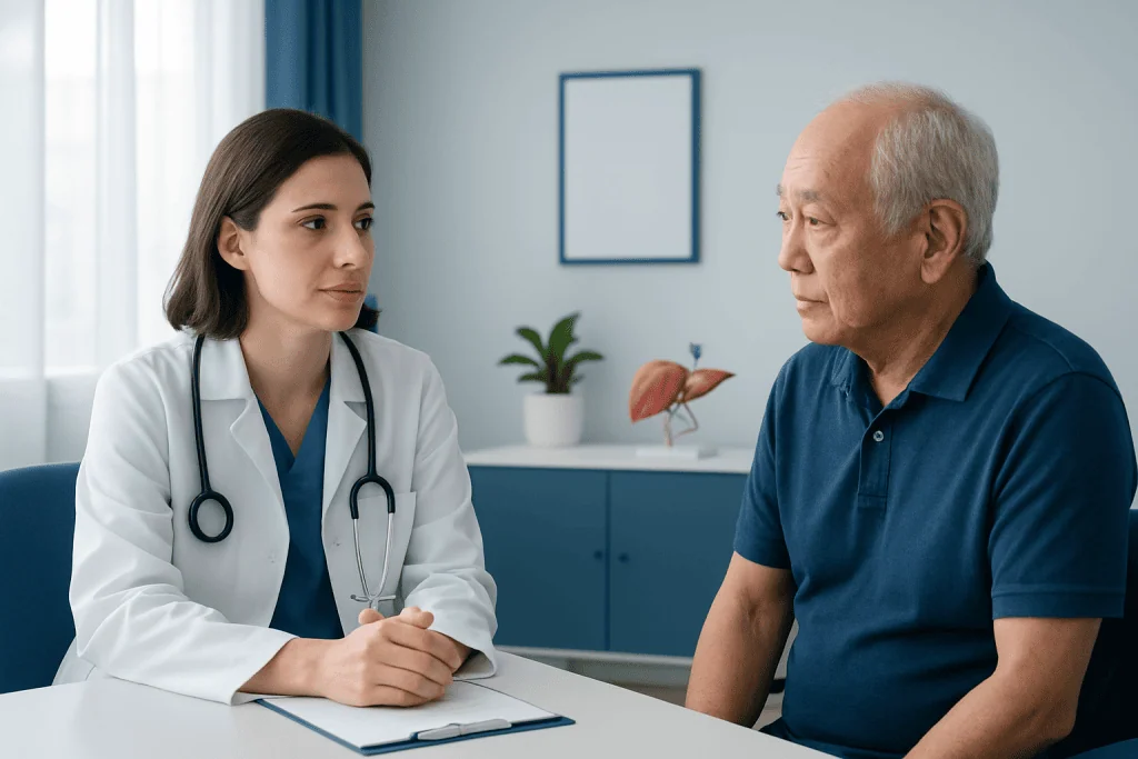 Medical consultation between a doctor and an elderly male patient at Acibadem Hospital.
