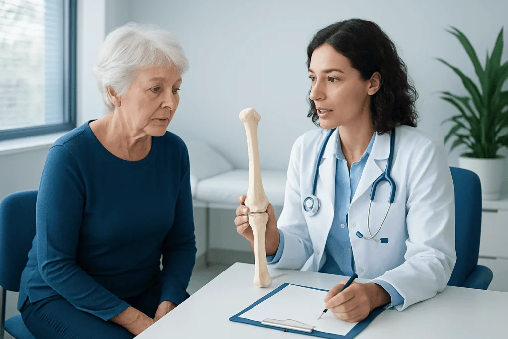Doctor explaining osteoporosis to elderly woman with bone model in clinic.