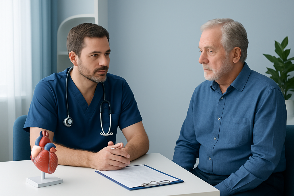 Cardiologist consulting an elderly patient about heart health and surgery options.