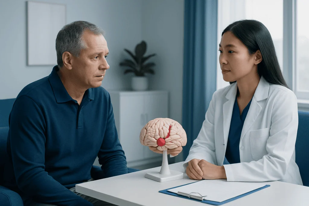 Doctor explaining brain aneurysm risks to patient with brain model.