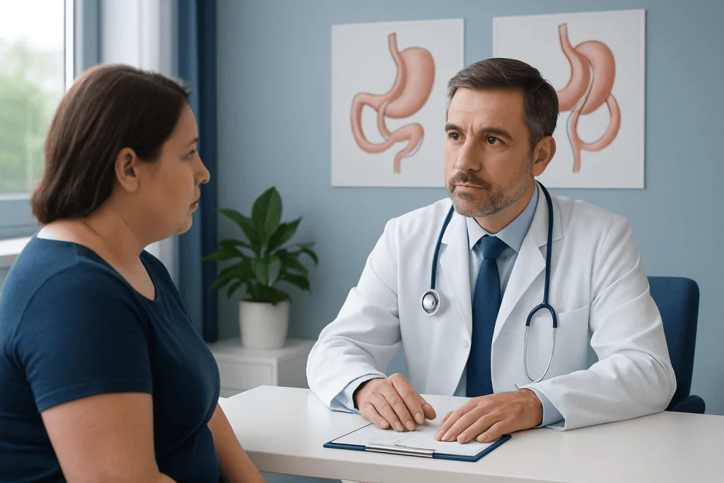 Doctor consulting patient about gastric surgery options in a clinic setting.