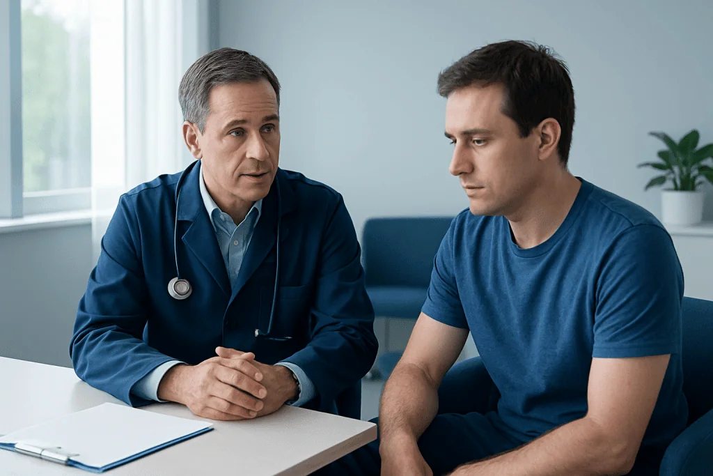 Doctor consulting with a young male patient in a medical office.