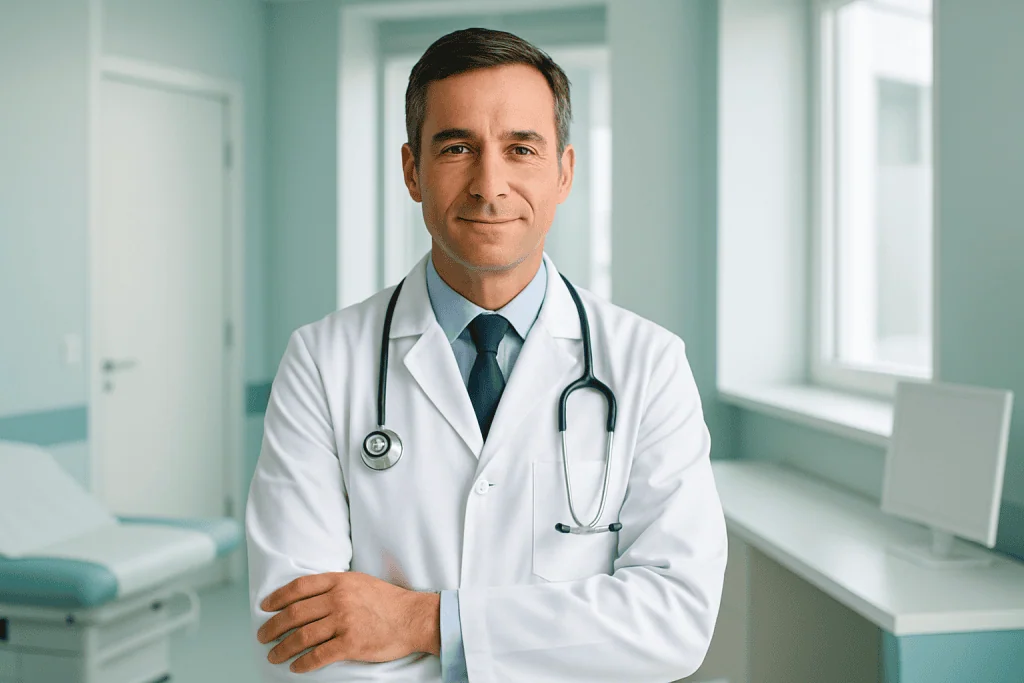 Rob Lowe Hair Transplant & Hair Loss 1 Male doctor in white coat with stethoscope in clinic.