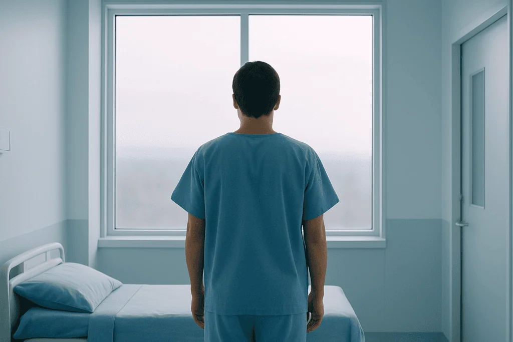 Robotic Heart Bypass Surgery at Acibadem Hospital 1 Patient in hospital gown looking out of hospital room window.