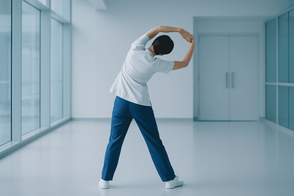 Robotic Knee Replacement: Transforming Joint Health 1 Person stretching in a modern, bright hospital corridor.