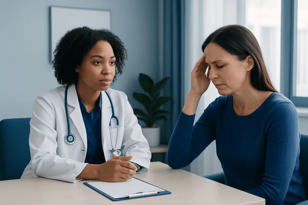 Doctor consulting a patient with headache in a clinical setting.