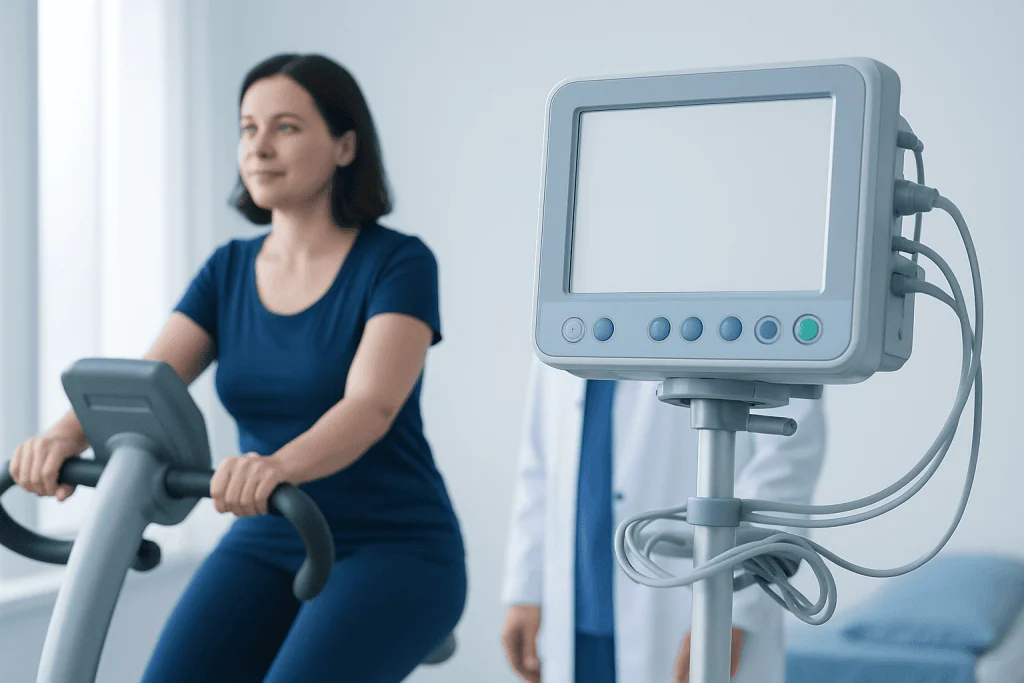 Woman exercising on a treadmill in a medical facility with monitoring equipment.