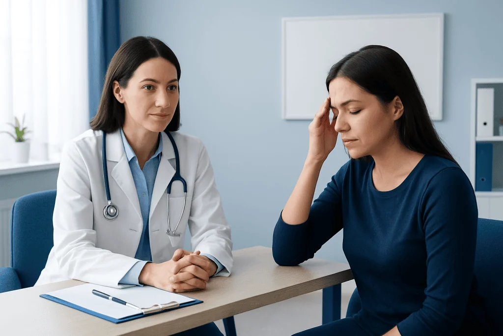 Doctor consulting with a patient about headache relief options in a clinic.
