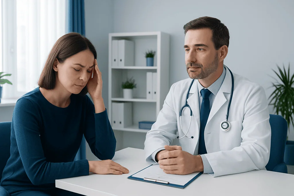 Doctor consulting a woman with headache symptoms in a clinic.