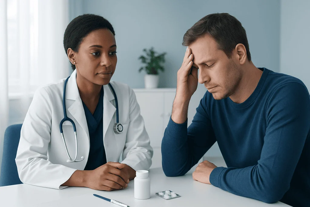 Doctor consulting with a patient experiencing headache pain.