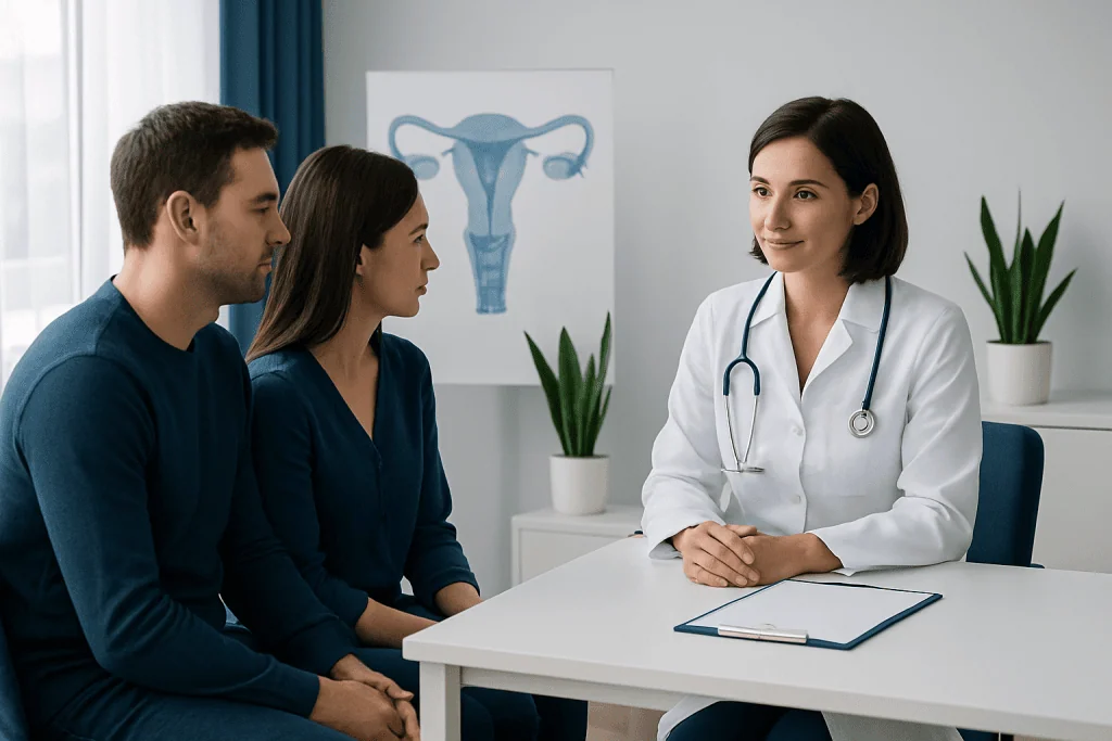 Doctor consulting with couple about fertility in a medical office.