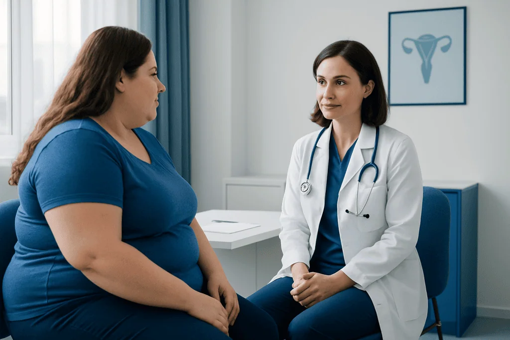 Doctor consulting with a patient about fertility and BMI considerations.