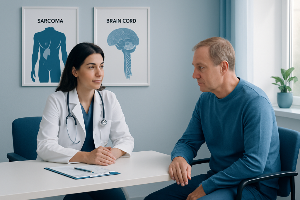 Doctor consulting with patient about brain and sarcoma diagrams in clinic.