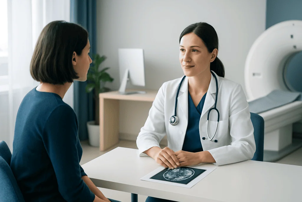 Doctor discussing MRI results with patient in a medical consultation room.
