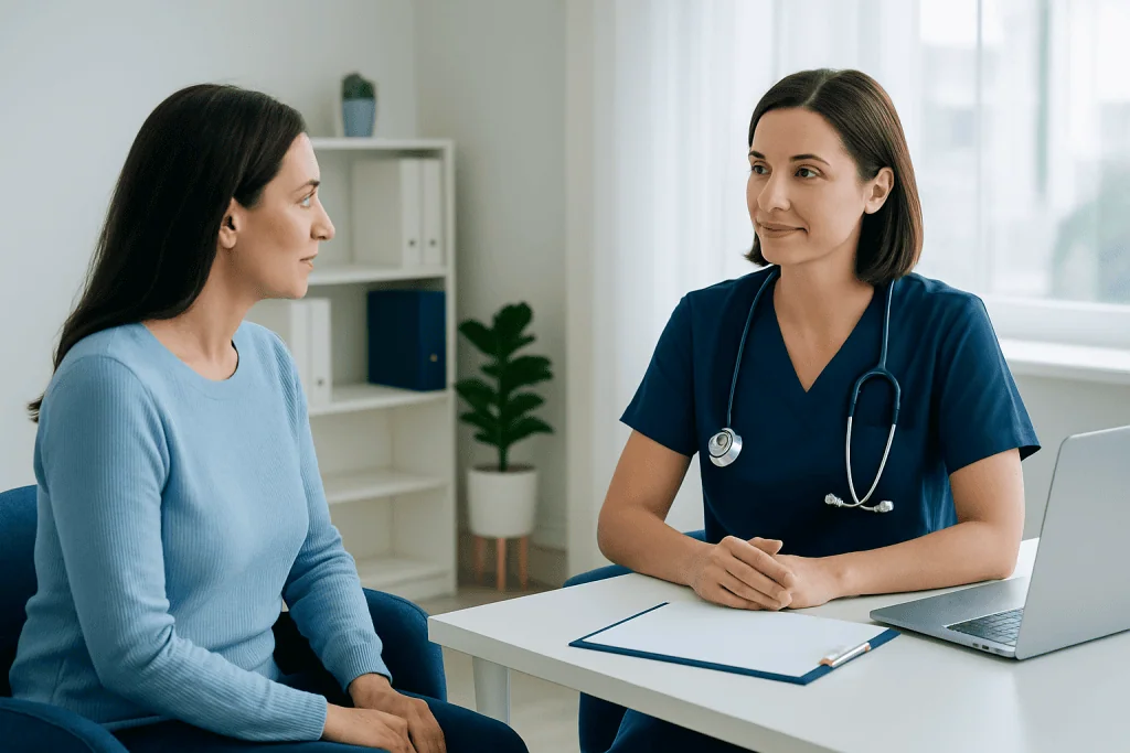 Female patient consulting with a healthcare professional in a clinic setting.