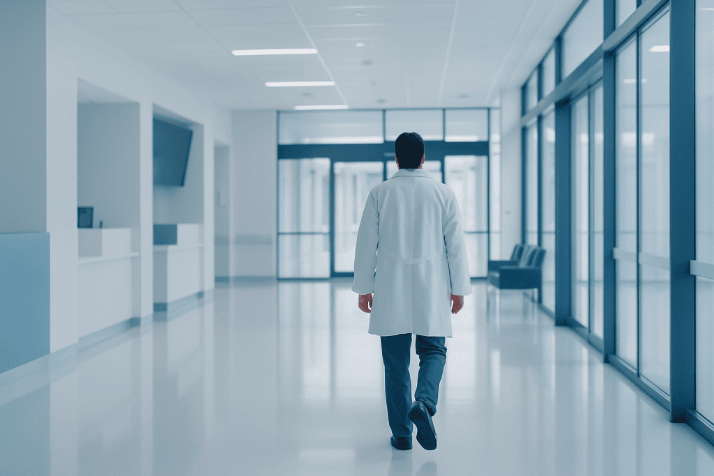 Scoliosis: Definition, Symptoms, Treatment 1 Doctor walking in a modern hospital corridor with large windows and bright lighting.