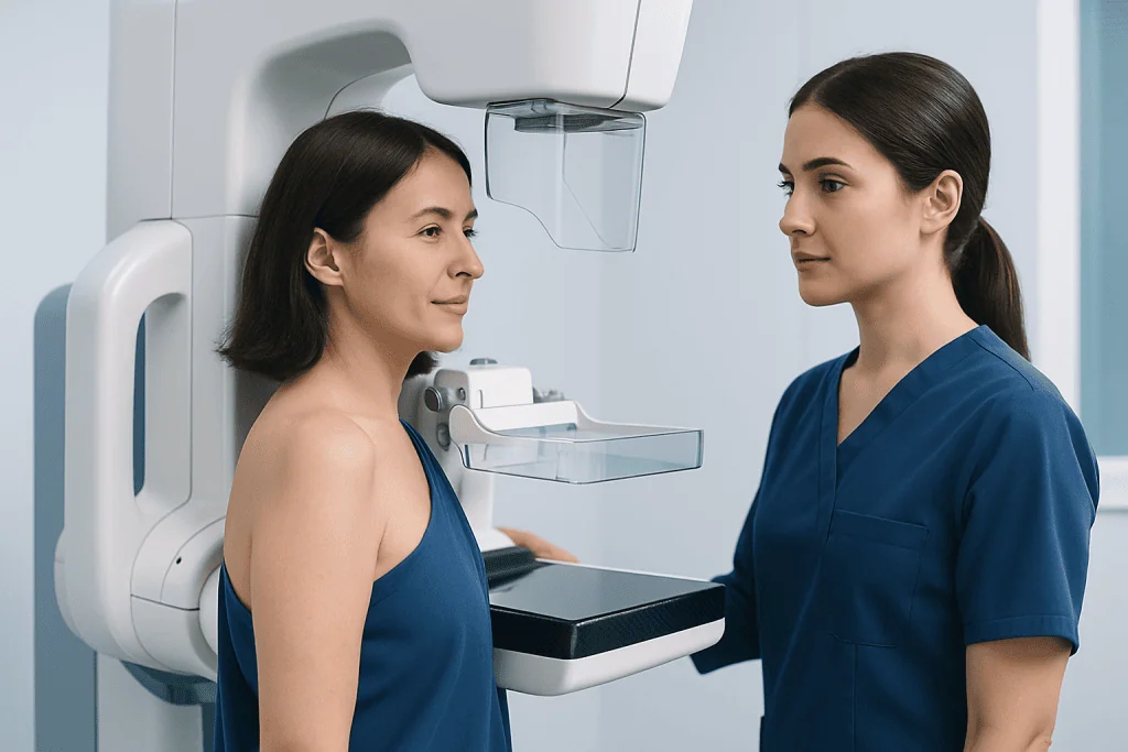 Woman undergoing mammogram with healthcare professional in a modern clinic.