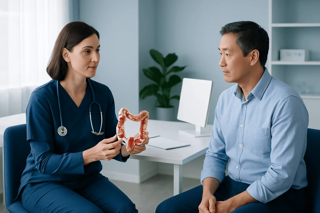 Doctor explaining colon health with a model to a patient in a clinic setting.