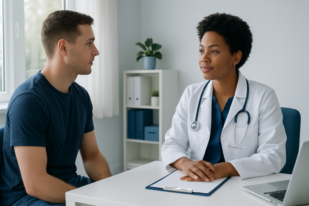 Doctor consulting with a young male patient in a medical office.