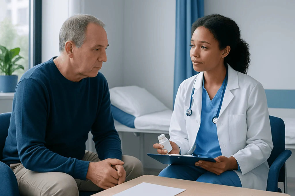Doctor discussing medication with a patient in hospital setting.