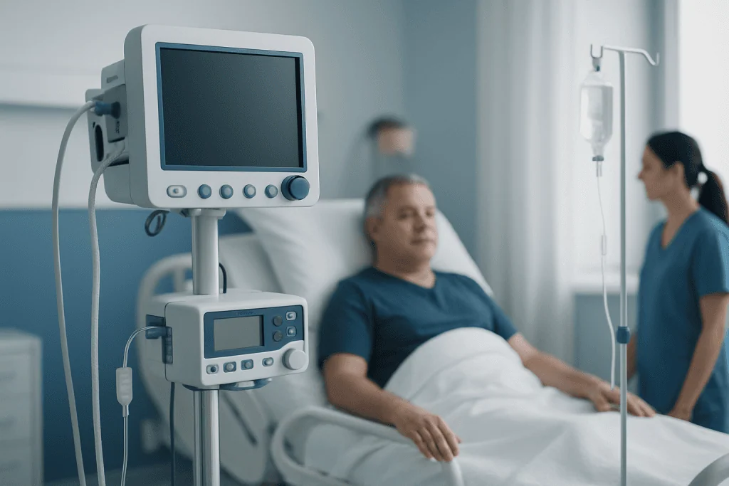 Hospital patient in bed with medical monitor and nurse nearby in Turkey.