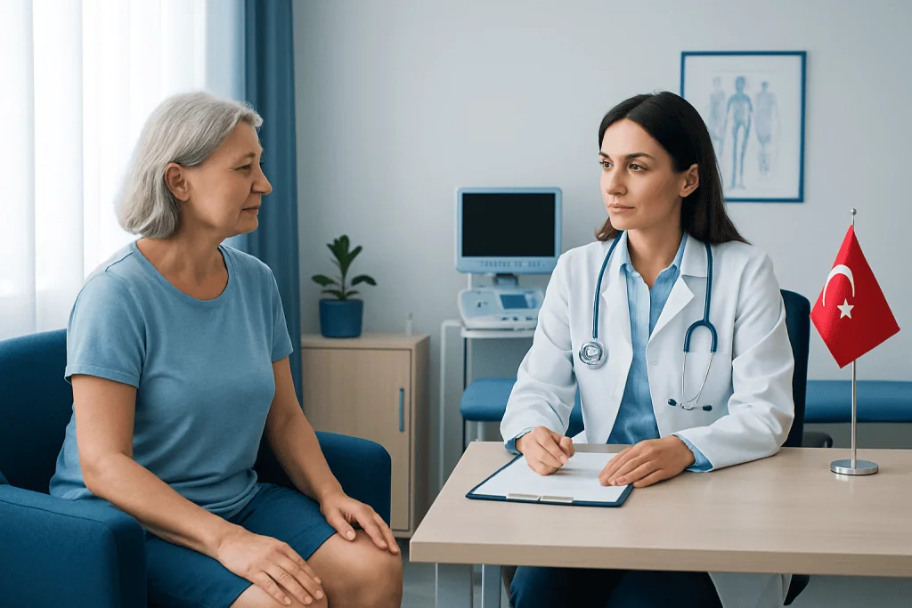 Doctor consulting with an elderly female patient in a medical office.