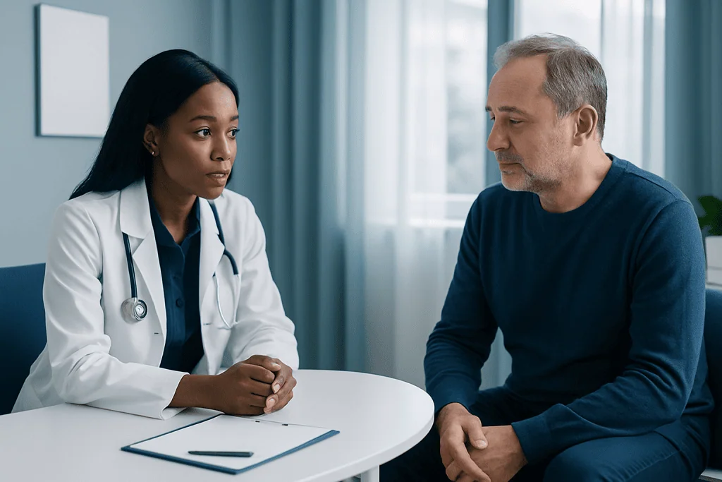 Doctor discussing kidney transplant risks with patient in consultation room.