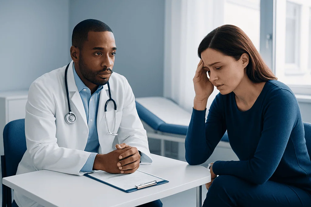 Doctor consulting with a patient about pain management and medication safety.