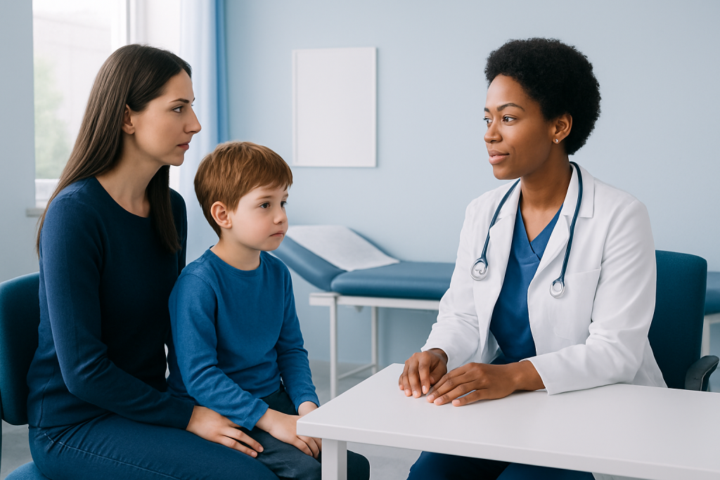 Pediatric consultation at a hospital with a doctor and young patient.