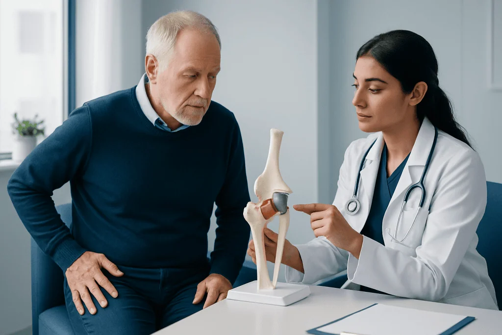 Orthopedic consultation with a model of a human knee joint at Acibadem Hospital.