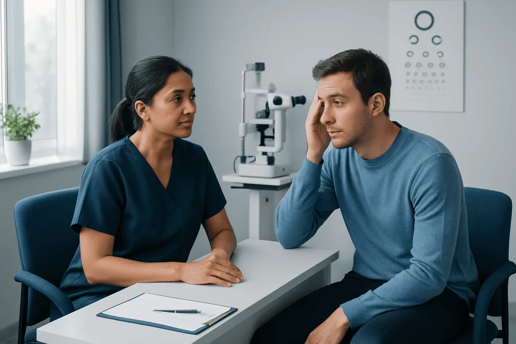Doctor consulting with patient about eye health in a clinical setting.