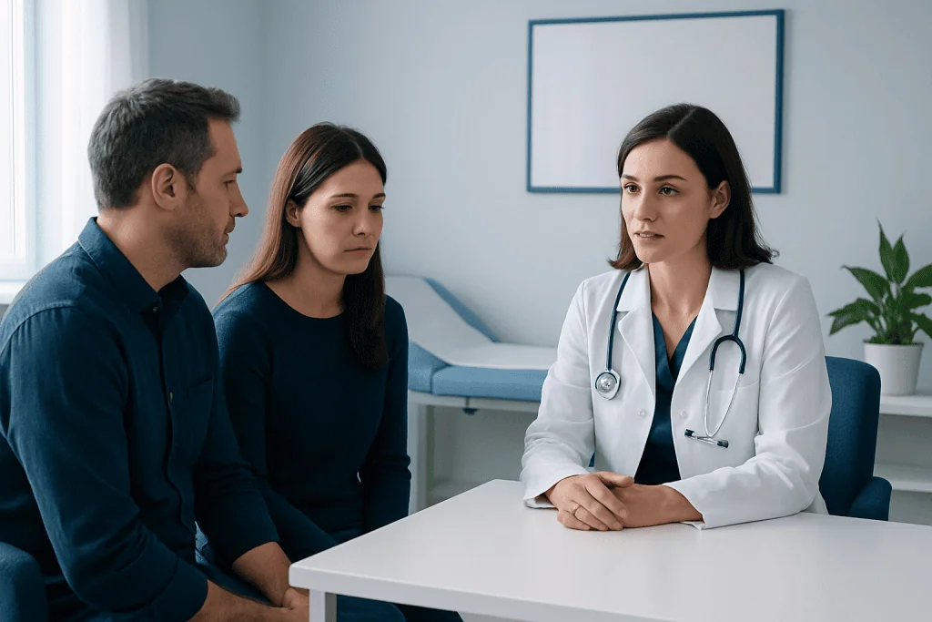 Fertility consultation at Acibadem Hospital with doctor and couple.