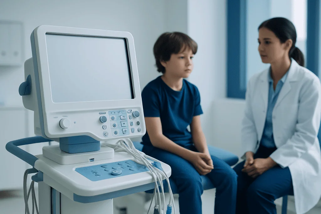 Child undergoing medical examination with ultrasound device in clinic.