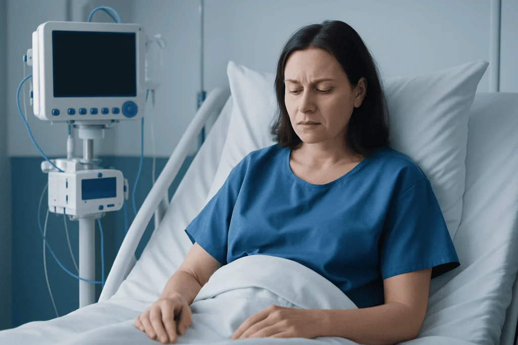 Woman in hospital bed looking worried after surgery.