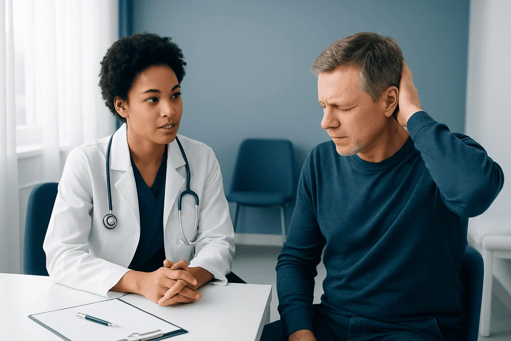 Doctor consulting with patient about headache or dizziness symptoms.