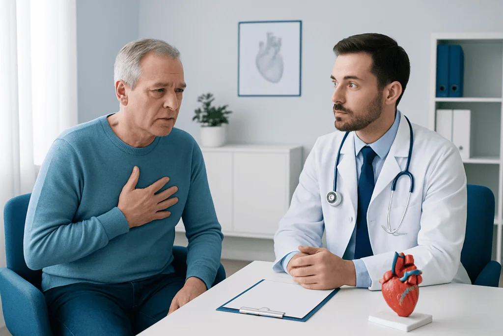 Doctor consulting with a patient about heart health in a medical office.