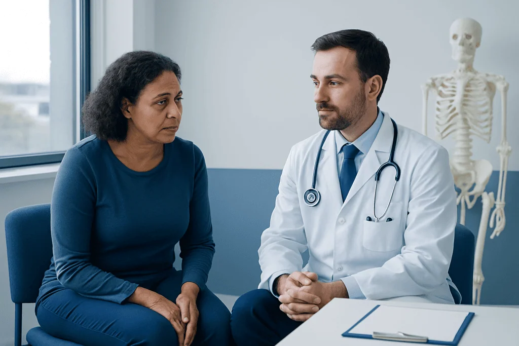 Doctor consulting with a patient in a medical office with a skeleton model in the background.