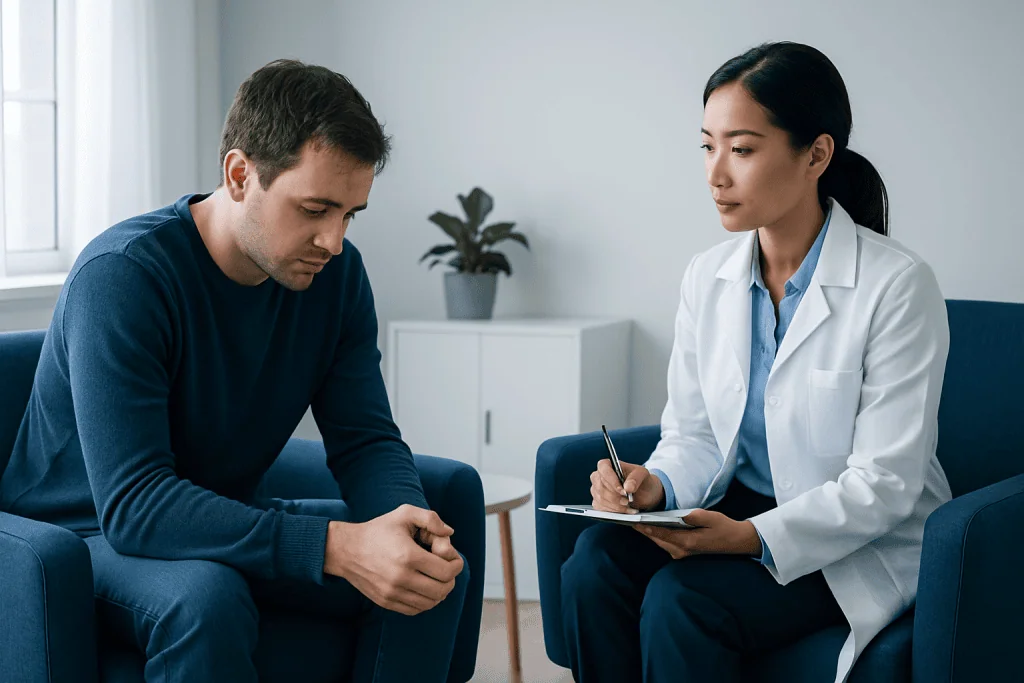 Therapist and patient in a counseling session at Acibadem Hospital.