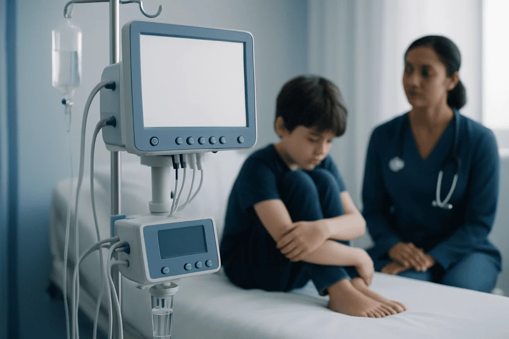 Child in hospital with medical monitor and healthcare professional.