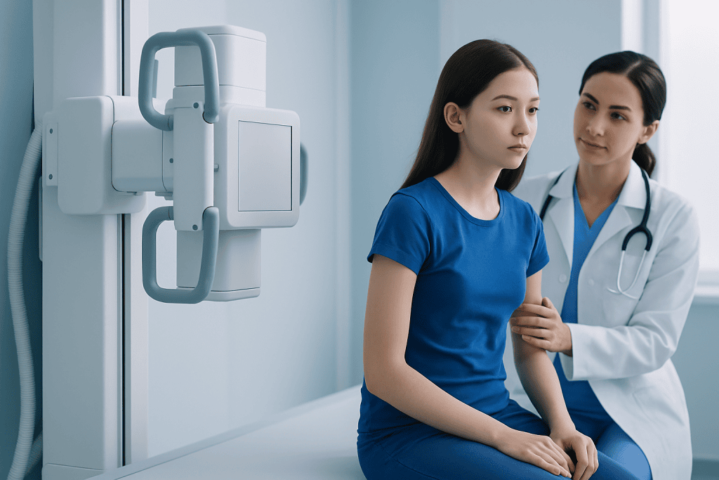 Pediatric patient undergoing spinal X-ray at Acibadem Hospital.