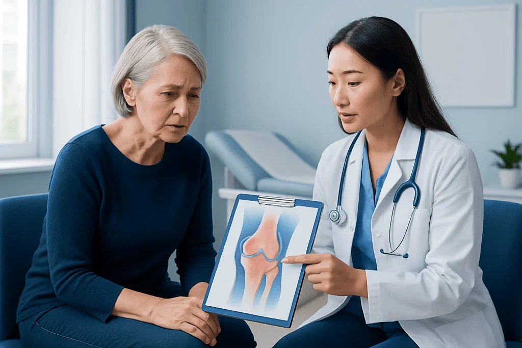 Doctor explaining knee joint health to elderly woman with X-ray image.