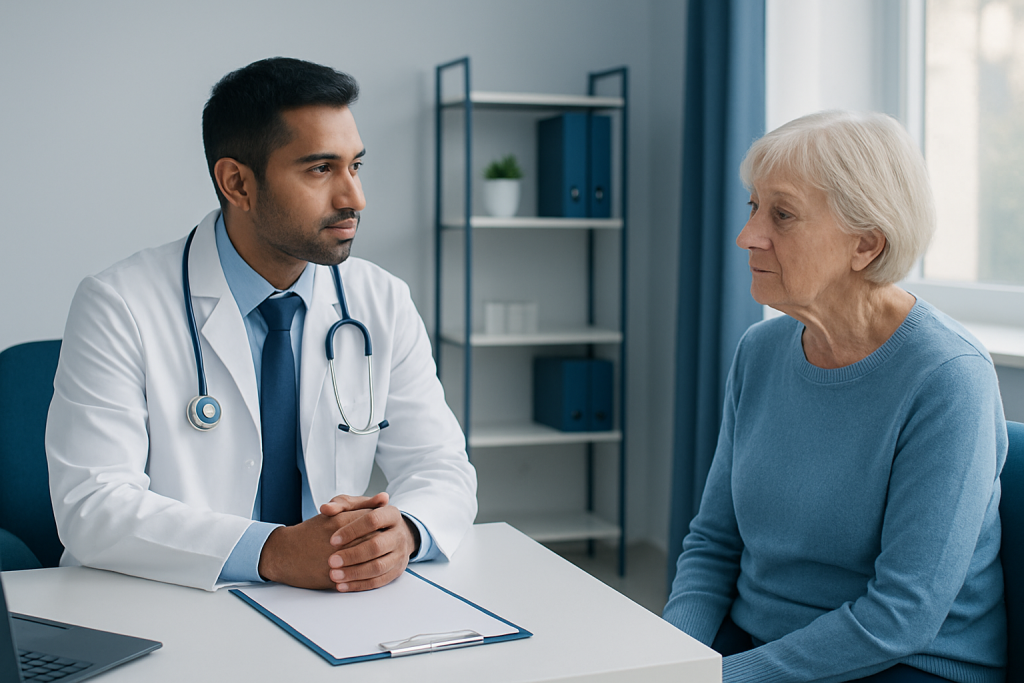 Doctor consulting with elderly patient in a medical office setting.