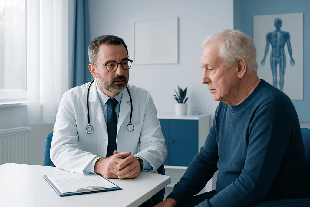 Doctor consulting with an elderly patient in a medical office.
