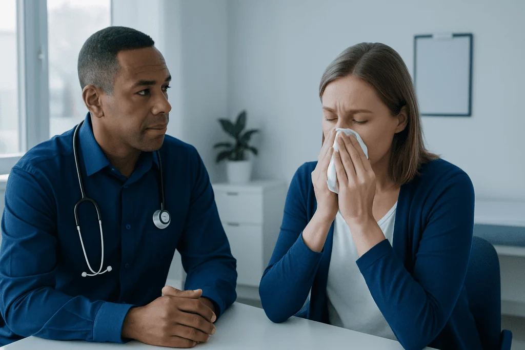 Patient with sinus infection consulting ENT doctor in clinic.